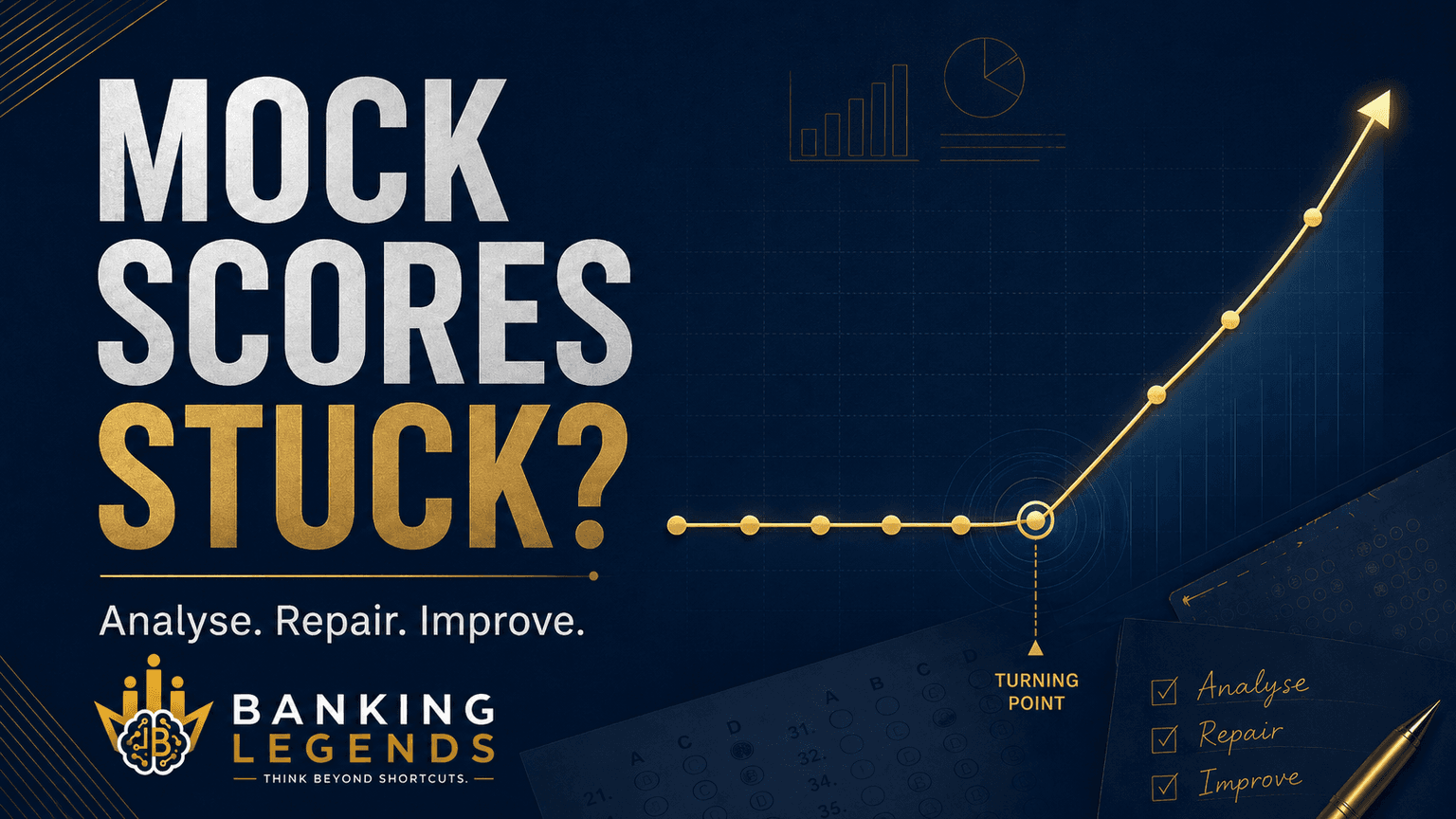 Mock test score graph showing a long plateau followed by improvement after analysis, repair and targeted practice.