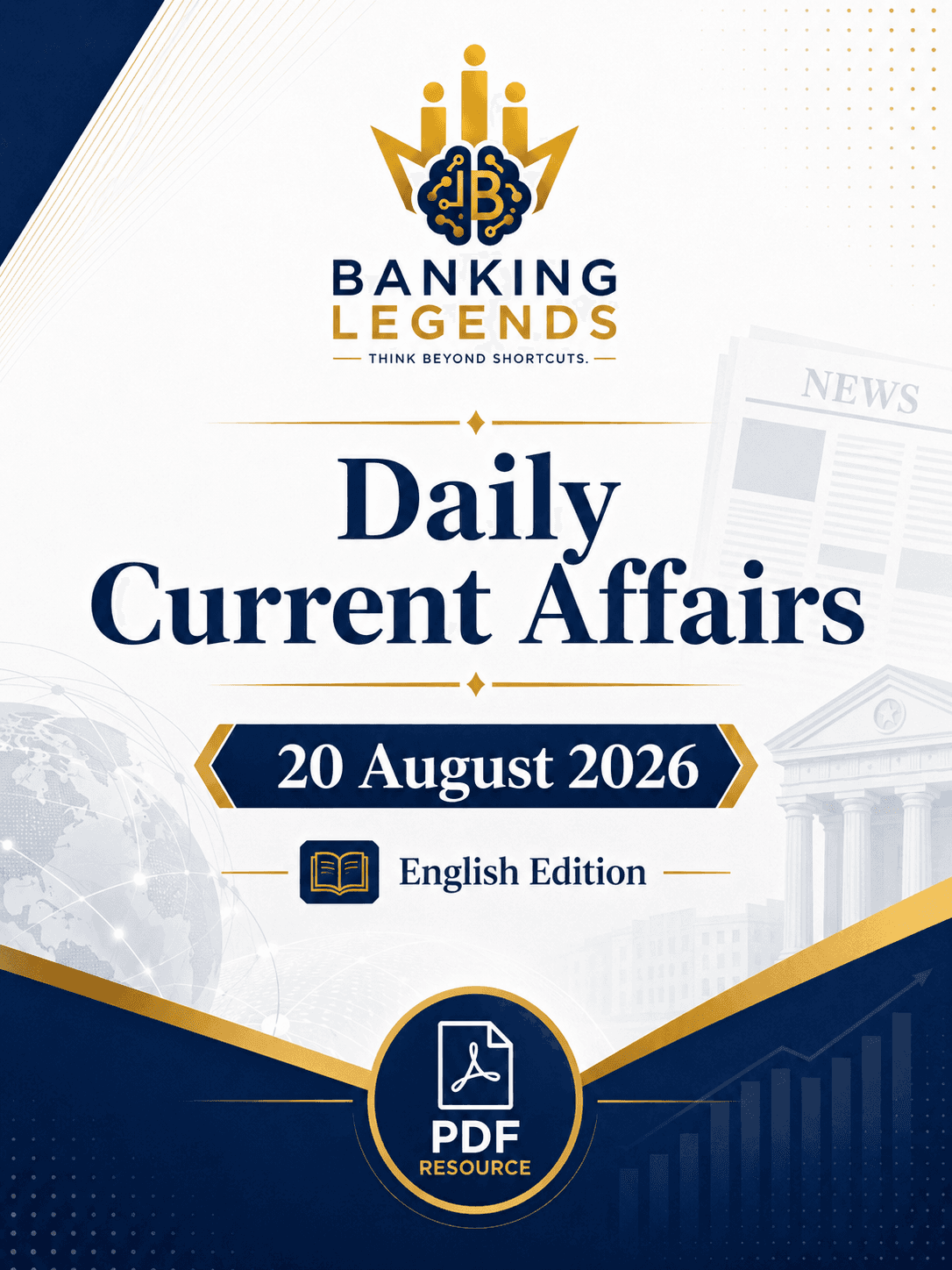 Banking Legends Daily Current Affairs cover for 20 August 2026, English edition, featuring exam-focused current affairs with banking, economy and general awareness themes.