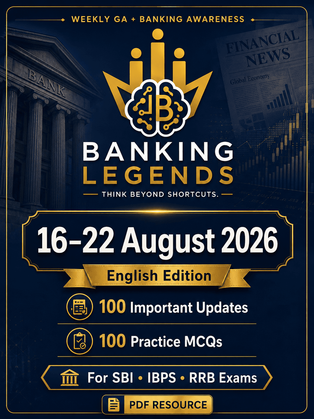 Banking Legends Weekly GA + Banking Awareness 16–22 August 2026 English Edition cover, featuring a seven-day banking exam current affairs and banking awareness revision capsule.
