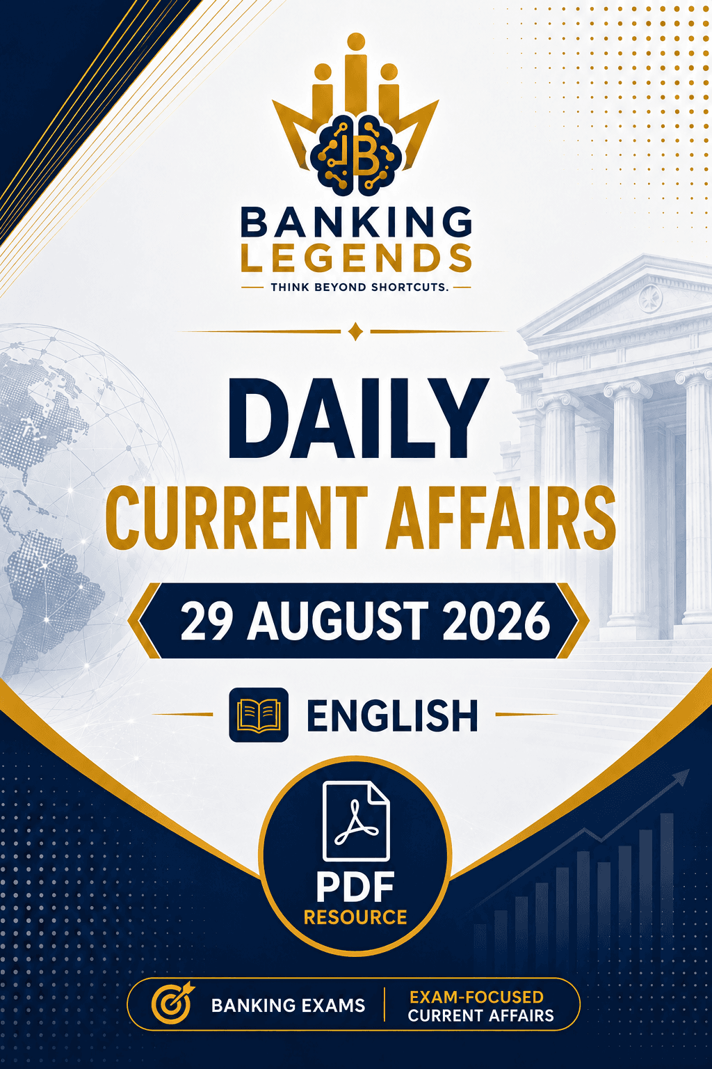 Banking Legends Daily Current Affairs — 29 August 2026 cover for SBI, IBPS and RRB PO/Clerk banking exam preparation. The navy and gold branded design represents exam-focused current affairs covering Banking & Finance, Economy, National and International News, Reports, Appointments, Defence, Science & Technology, Sports and other important General Awareness updates.
