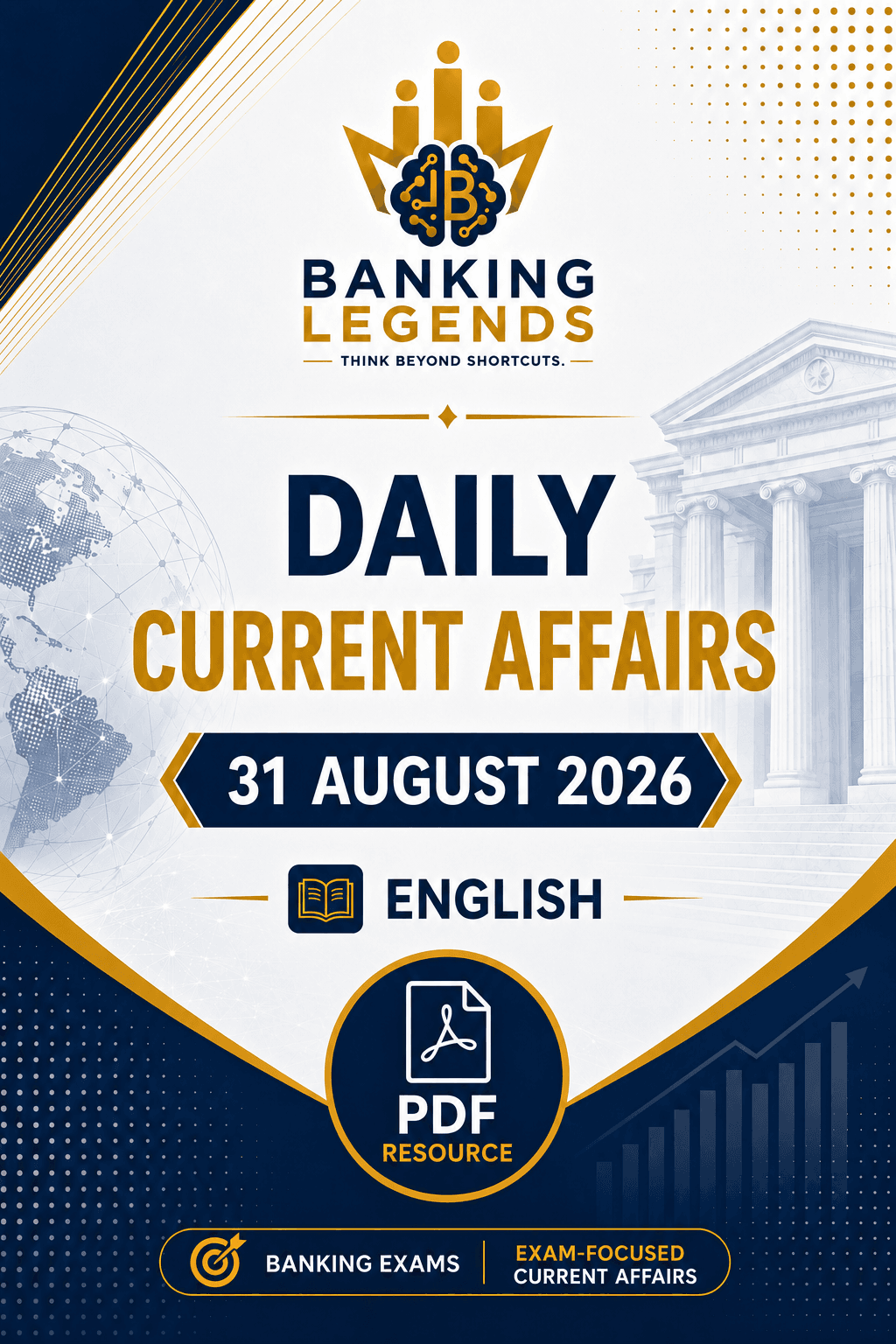 Banking Legends Daily Current Affairs 31 August 2026 cover for SBI, IBPS and RRB PO/Clerk Mains, featuring banking, economy and general awareness exam preparation.